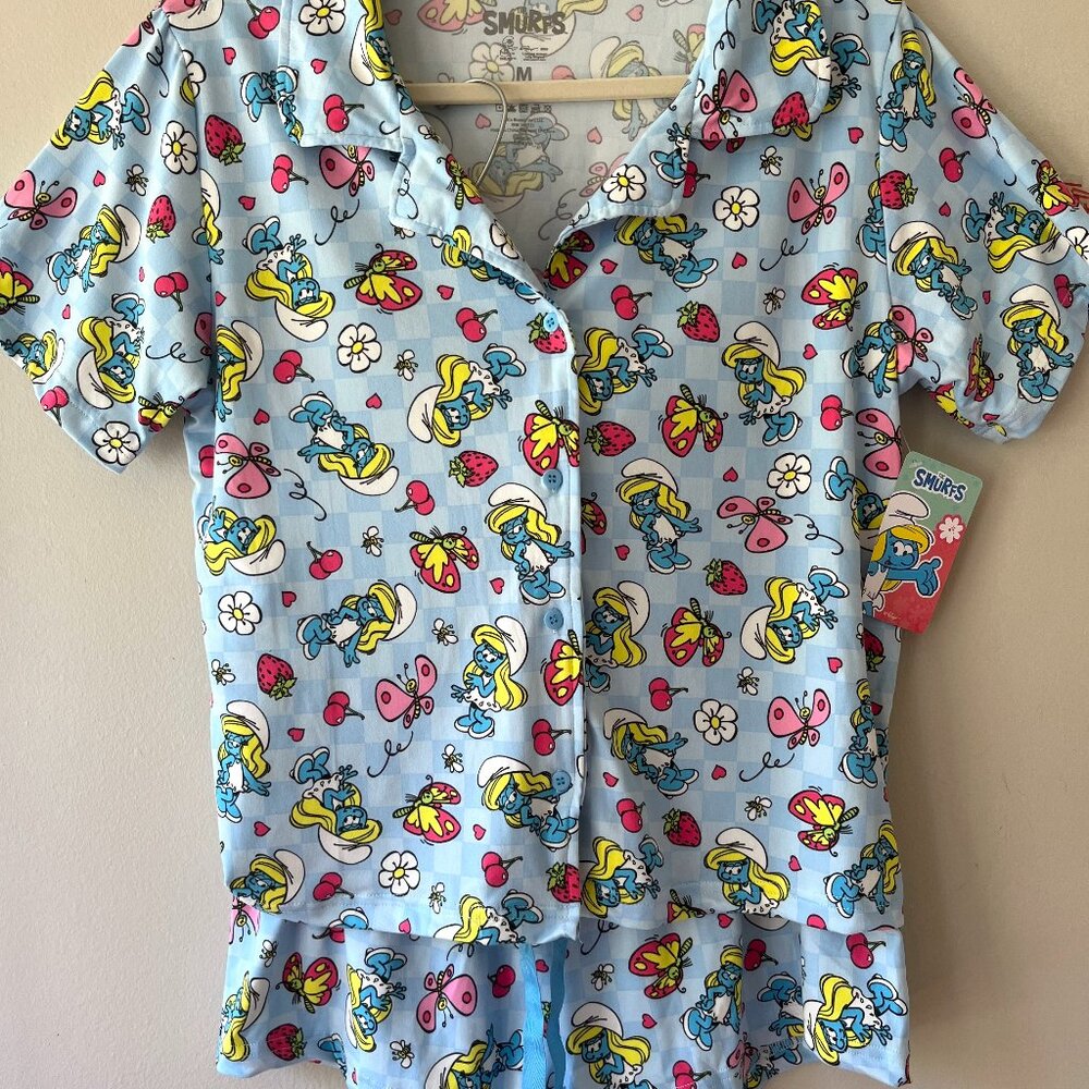 The Smurfs Pajama Sz M Soft Stretchy Shorts Short Sleeve Button Down‎ Top Set